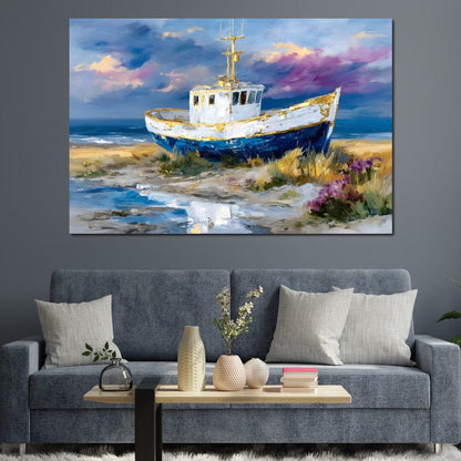 Coastal Boat Under Violet Sky Canvas Wall Art