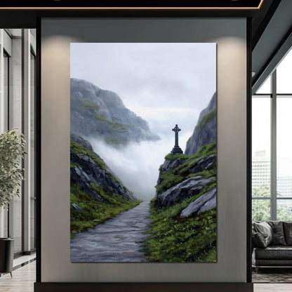 Misty Highland Cross Pathway Canvas Wall Art