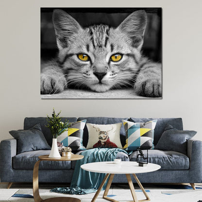 Black & White Cat with Yellow Eyes Canvas Wall Art