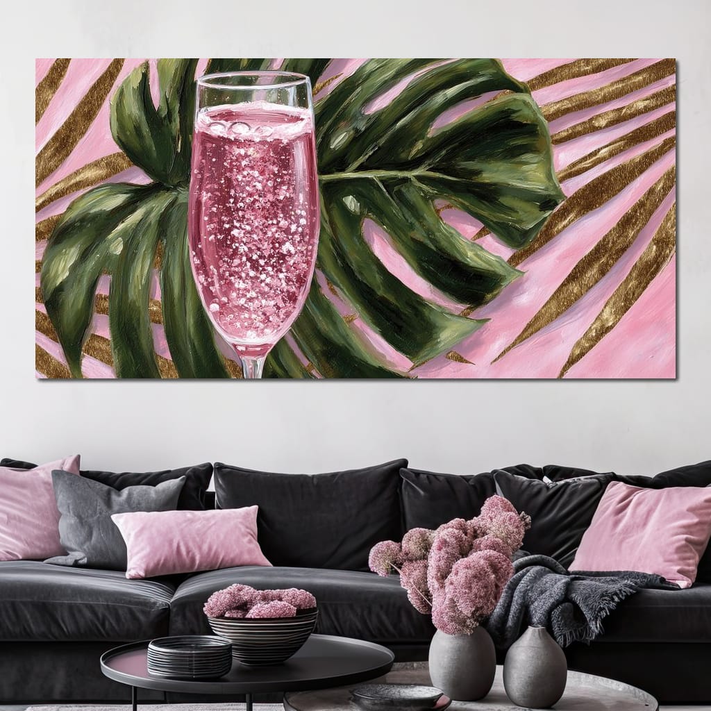 Pink Fizz Monstera Gold Canvas Wall Art