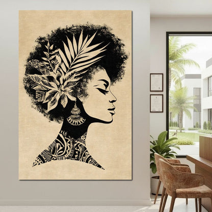 Botanical Afro Queen Silhouette Canvas Wall Art