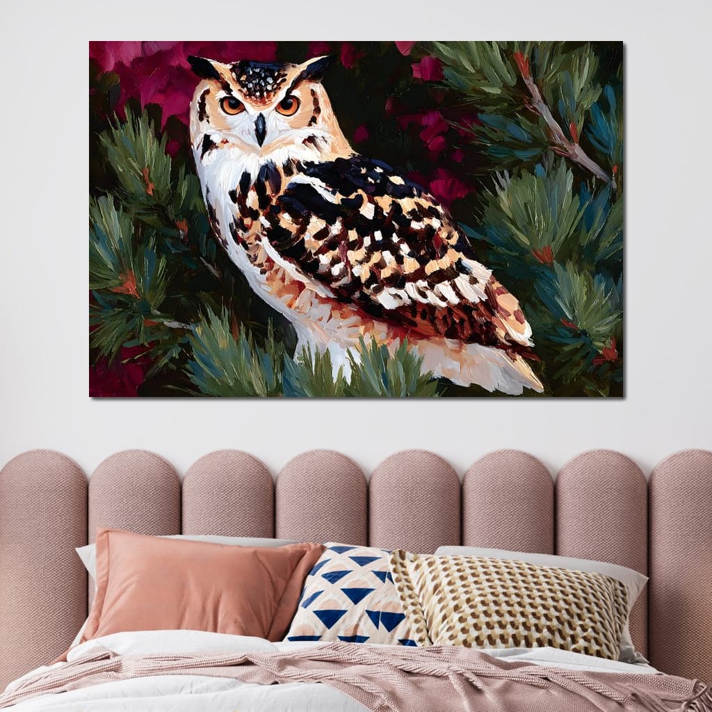 Autumn Pines Watchful Owl Canvas Wall Art