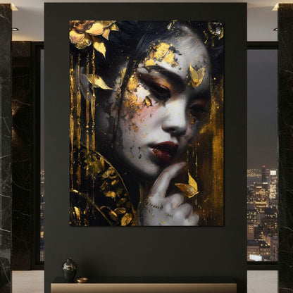 Golden Petal Muse Portrait Canvas Wall Art