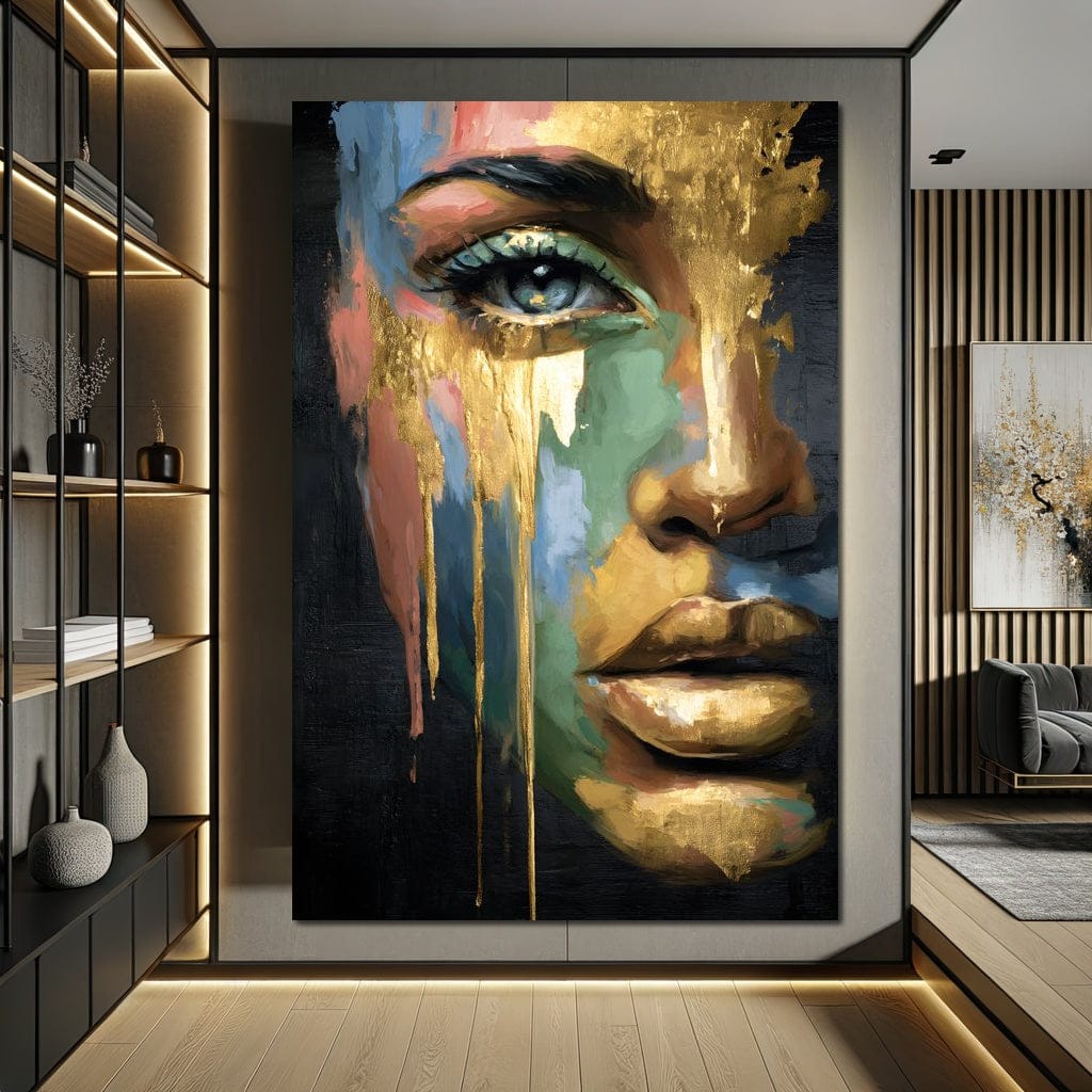 Radiant Gold Drip Face Painting Canvas Wall Art