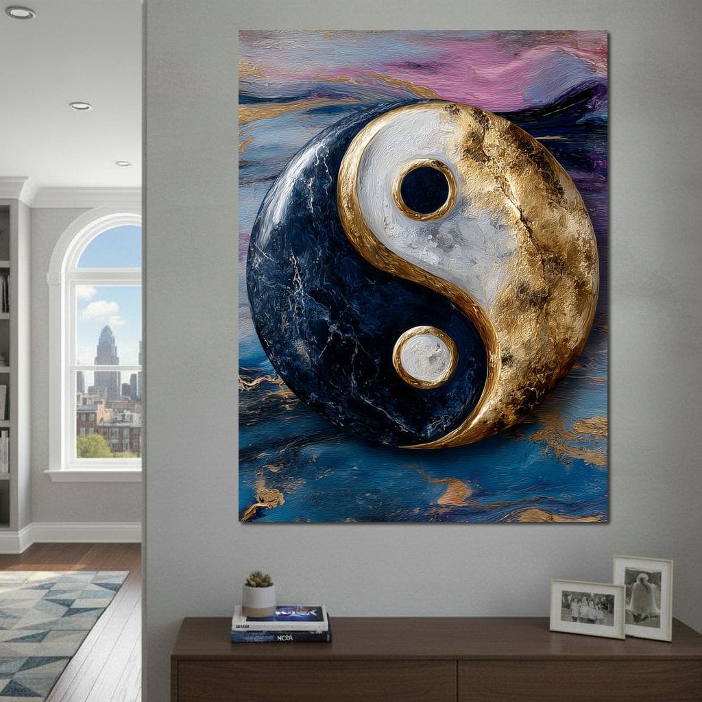 Golden Yin Yang Balance Flow Canvas Wall Art