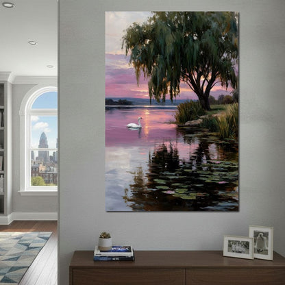 Swan Lake Sunset Willow Tree Canvas Wall Art