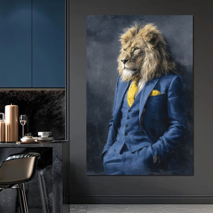 Regal Lion Portrait Blue Suit Canvas Wall Art