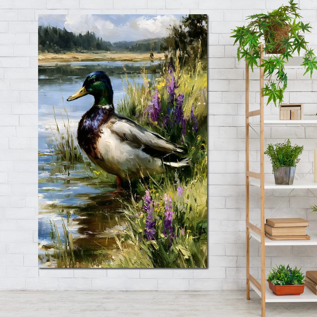 Solitary Mallard By The Still Shore Canvas Wall Art
