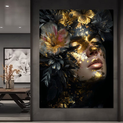 Golden Reverie Floral Visage Canvas Wall Art
