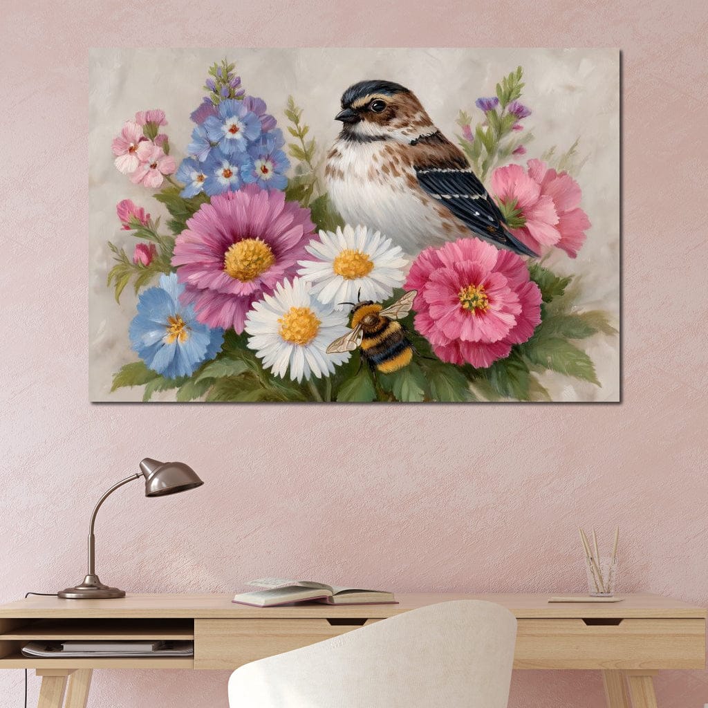 Garden Sparrow and Bumblebee Canvas Wall Art