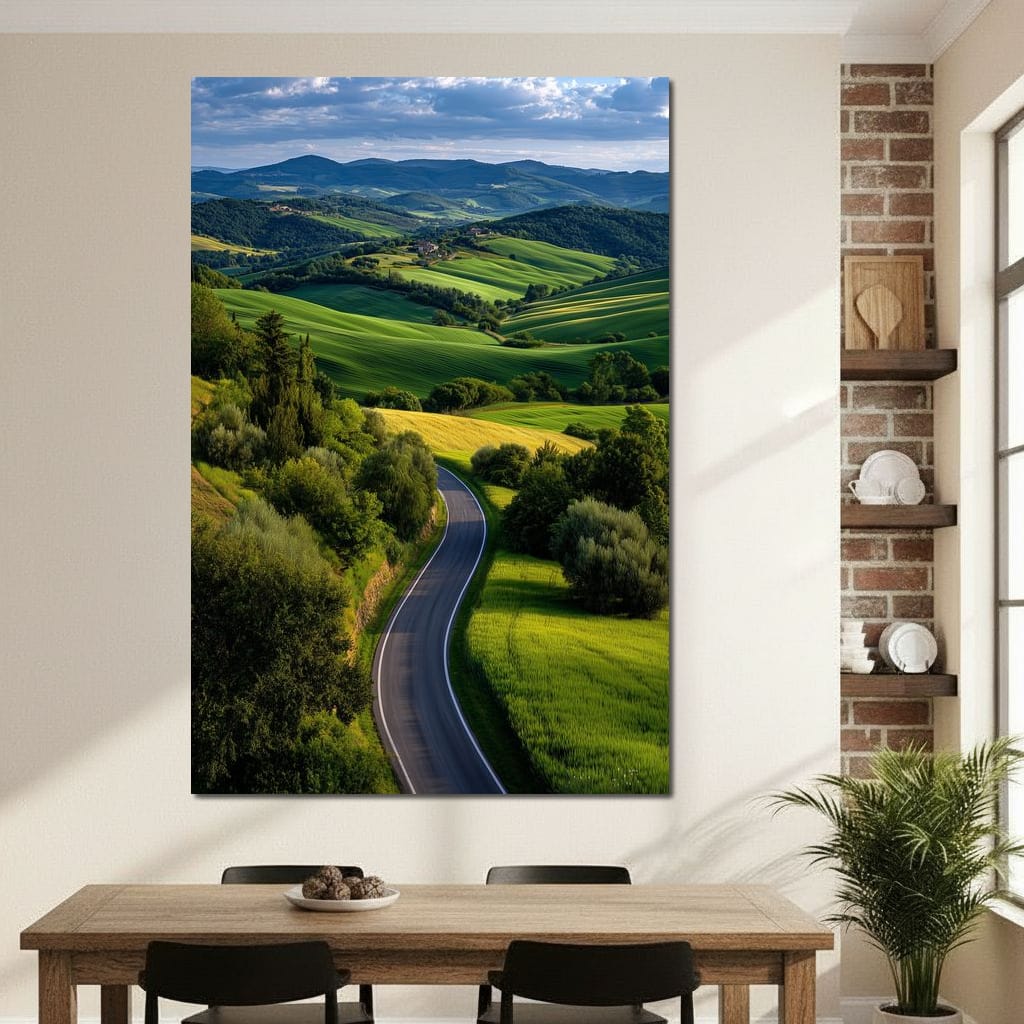 Sunlit Valley Roadscape Canvas Wall Art
