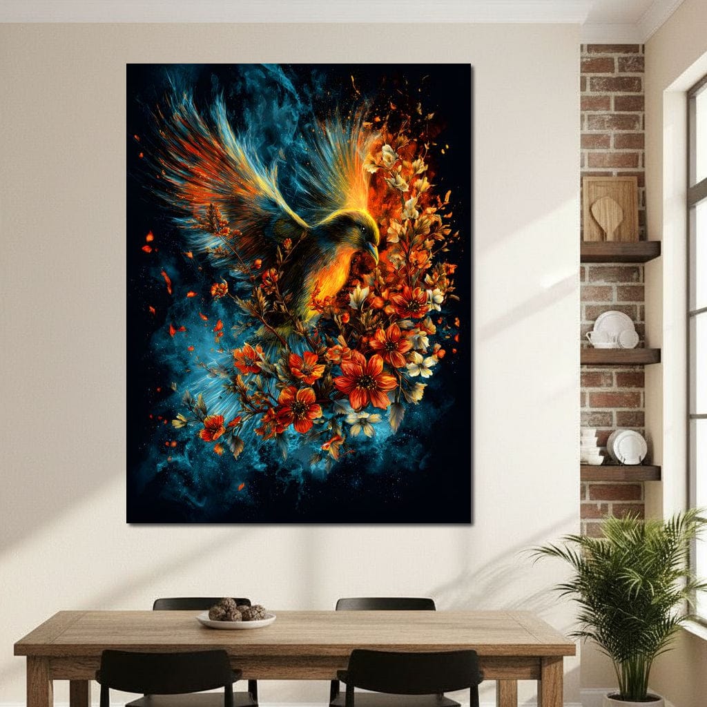 Flaming Phoenix Floral Burst Canvas Wall Art