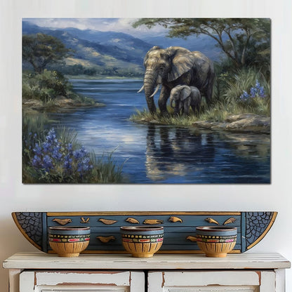 Elephant Family Riverbank Dream Canvas Wall Art