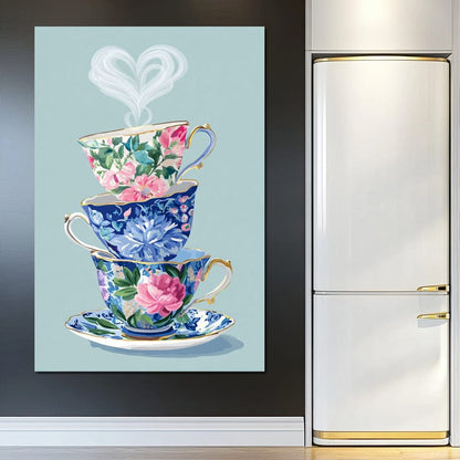 Vintage Floral Teacup Stack Delight Canvas Wall Art
