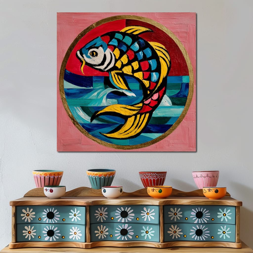 Colorful Koi Fish Mosaic Wave Canvas Wall Art