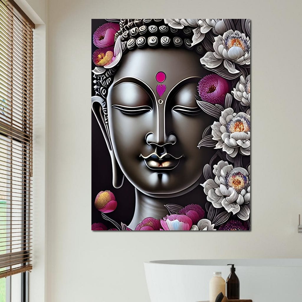 Buddha & Flowers Grey Canvas Wall Art