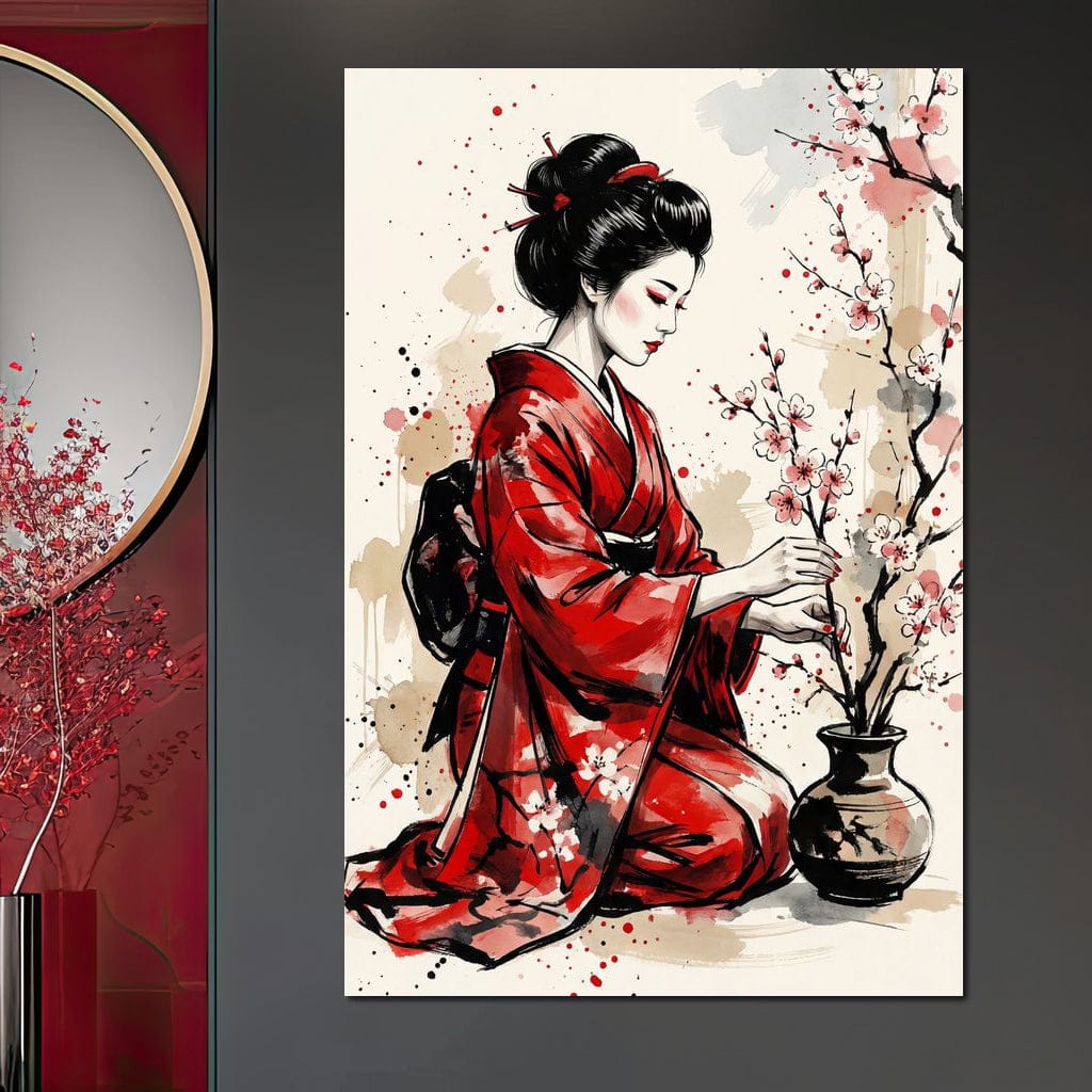Japanese Woman with Cherry Blossoms Canvas Wall Art