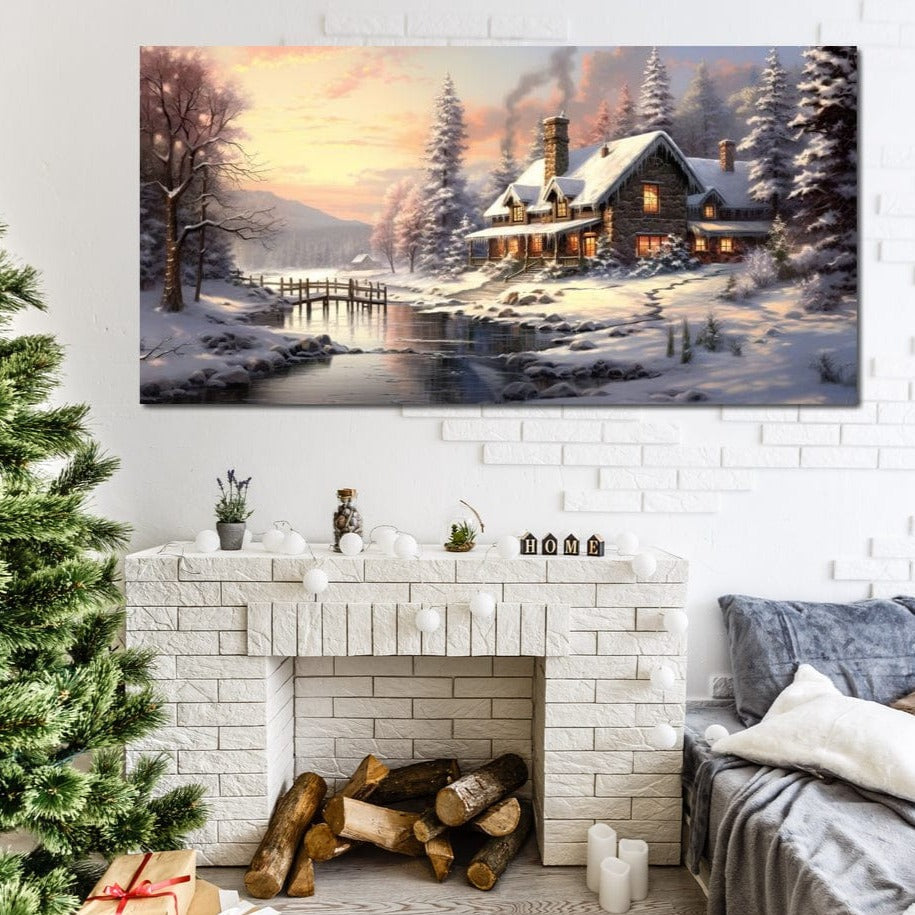 Christmas Cottage Home Canvas Wall Art