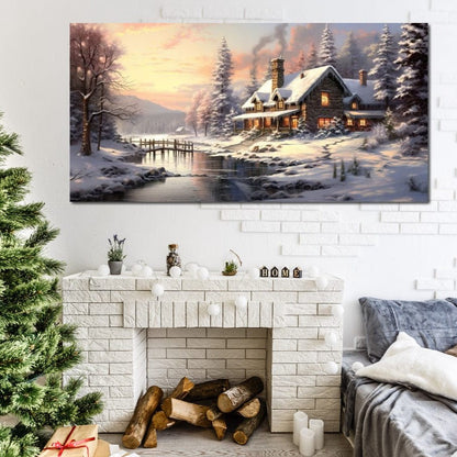 Christmas Cottage Home Canvas Wall Art