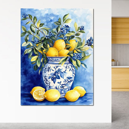 Lemon Bouquet in Porcelain Vase Canvas Wall Art