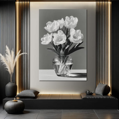 Monochrome Tulips Glass Vase Canvas Wall Art