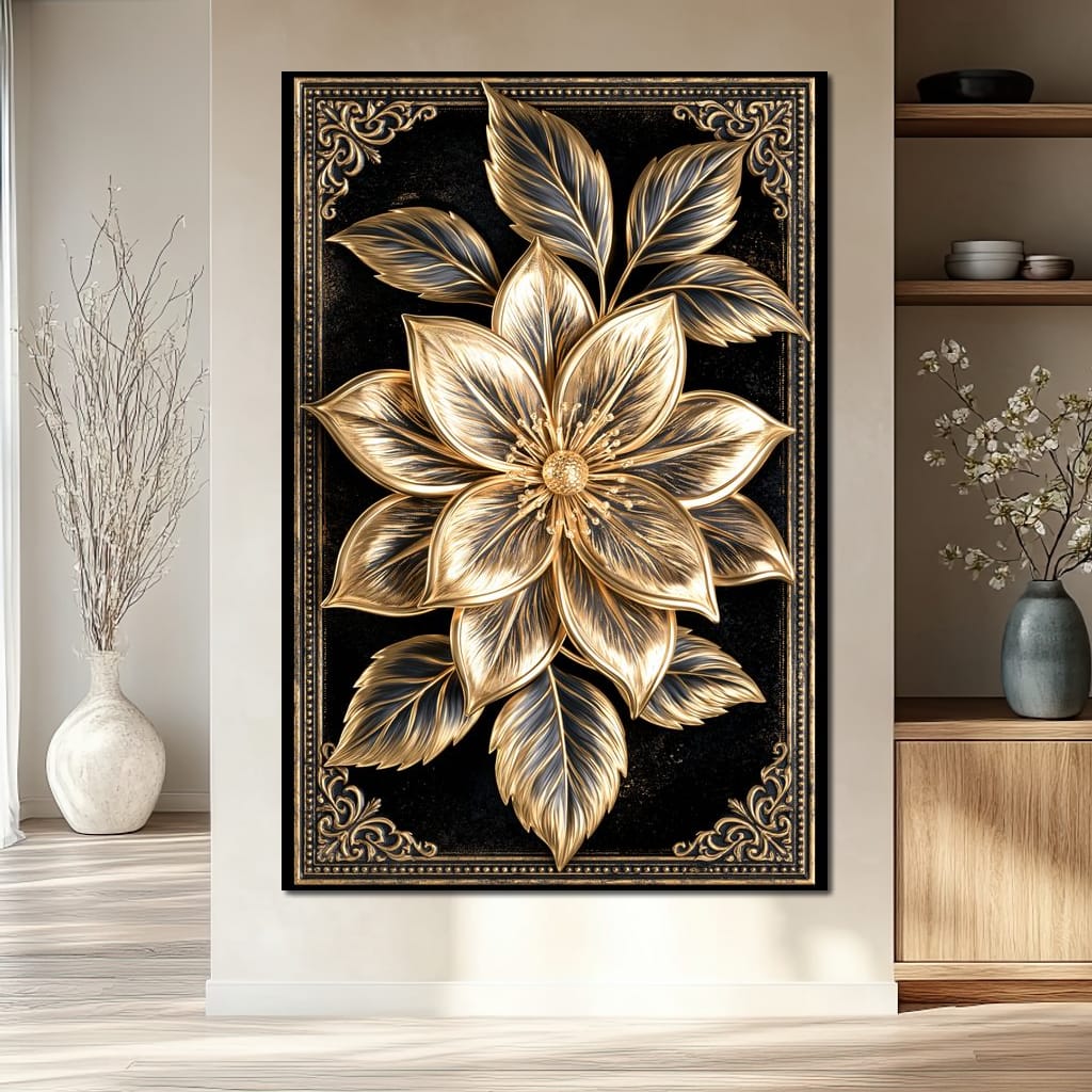 Gilded Petals on Obsidian Fields Canvas Wall Art