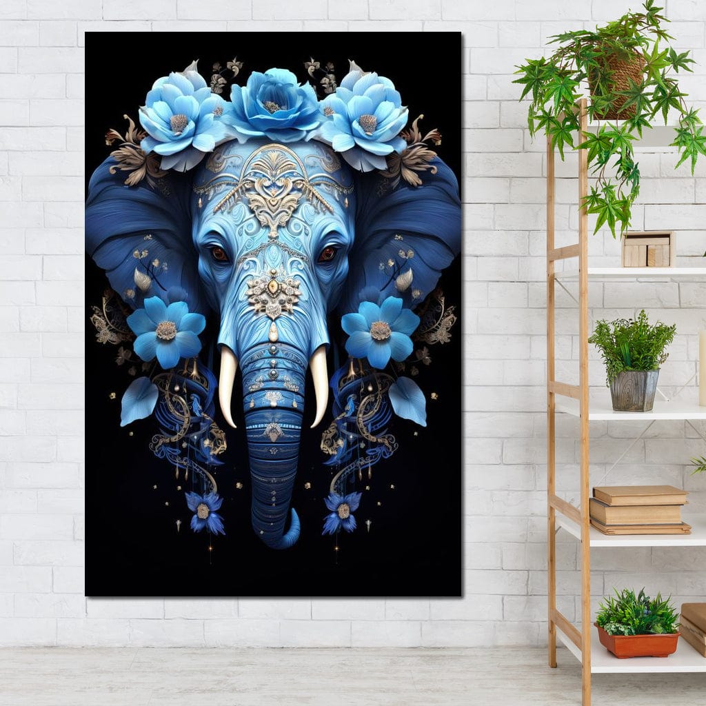 Elephant Bloom in Mystic Blue Canvas Wall Art