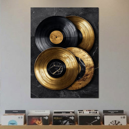 Gold Vinyl Records Noir Marble Canvas Wall Art