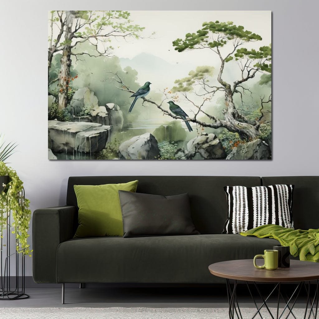Misty Mountain Aviary Serene Canvas Wall Art