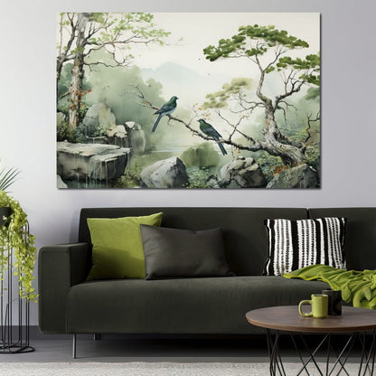 Misty Mountain Aviary Serene Canvas Wall Art