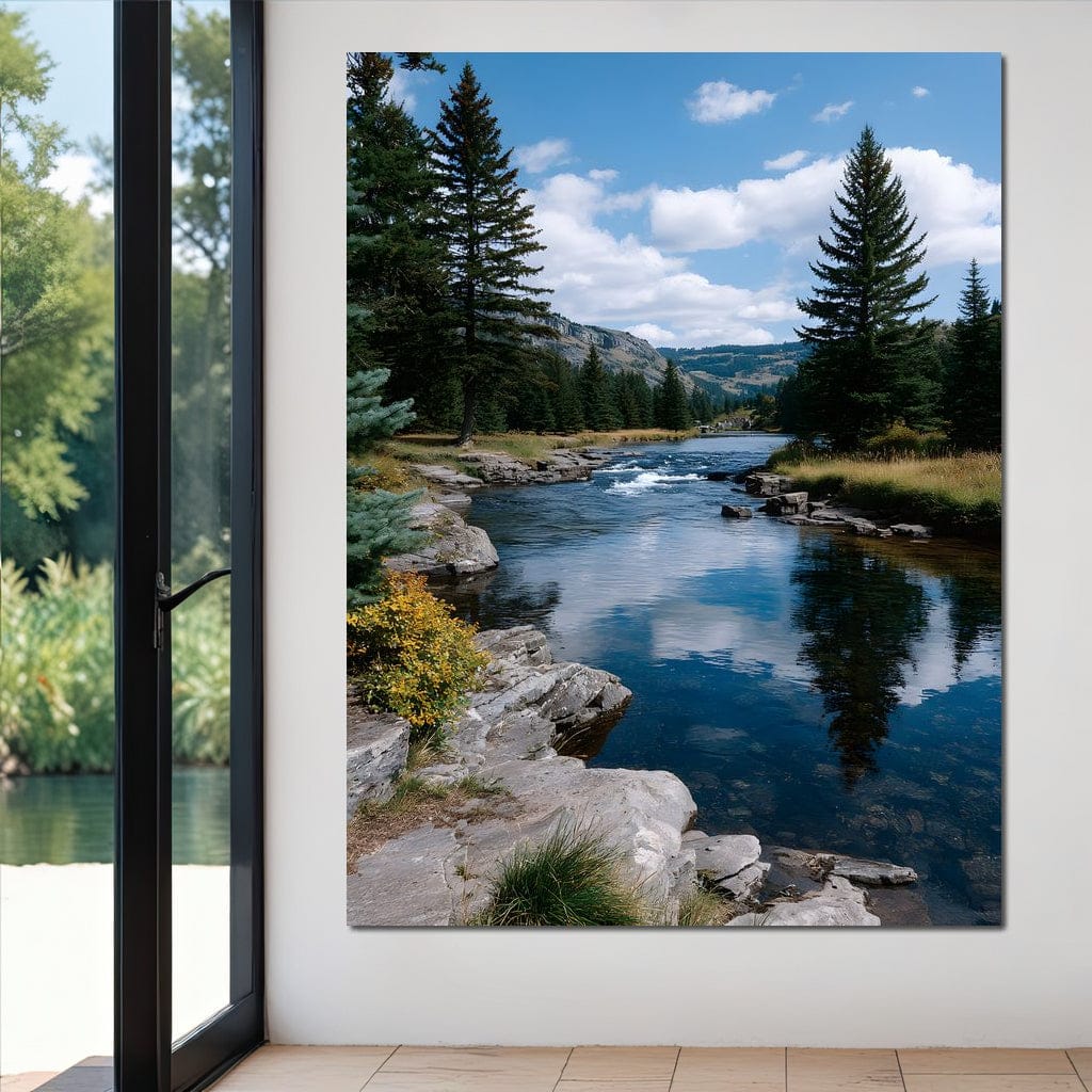 Mountain River Pines Reflection Canvas Wall Art