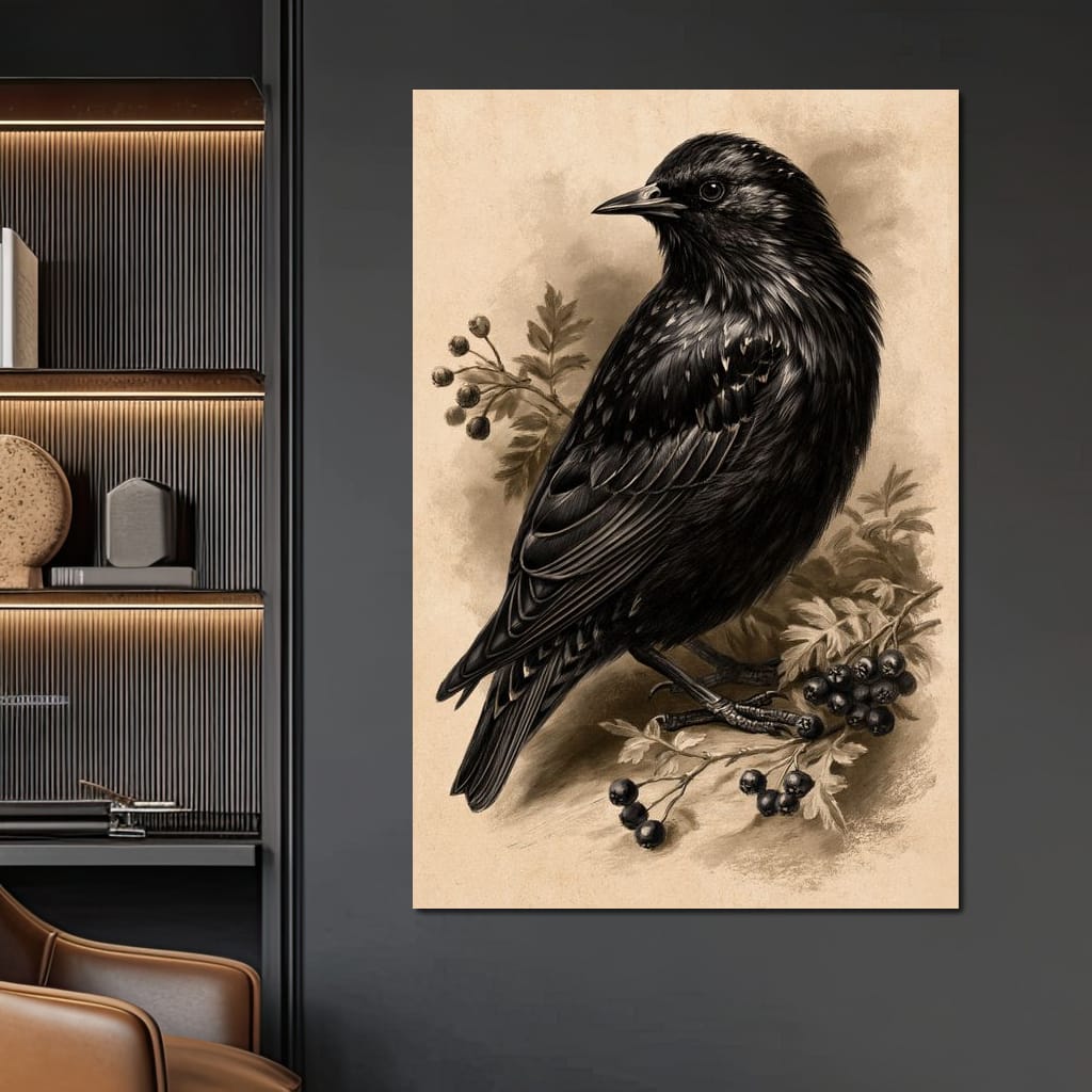 Solitary Starling Perched Upon Hawthorn Branch Canvas Wall Art