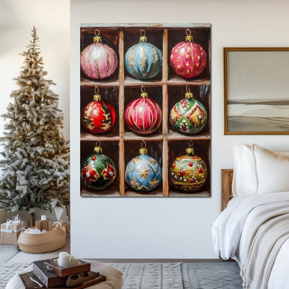Vintage Christmas Ornaments Grid Canvas Wall Art