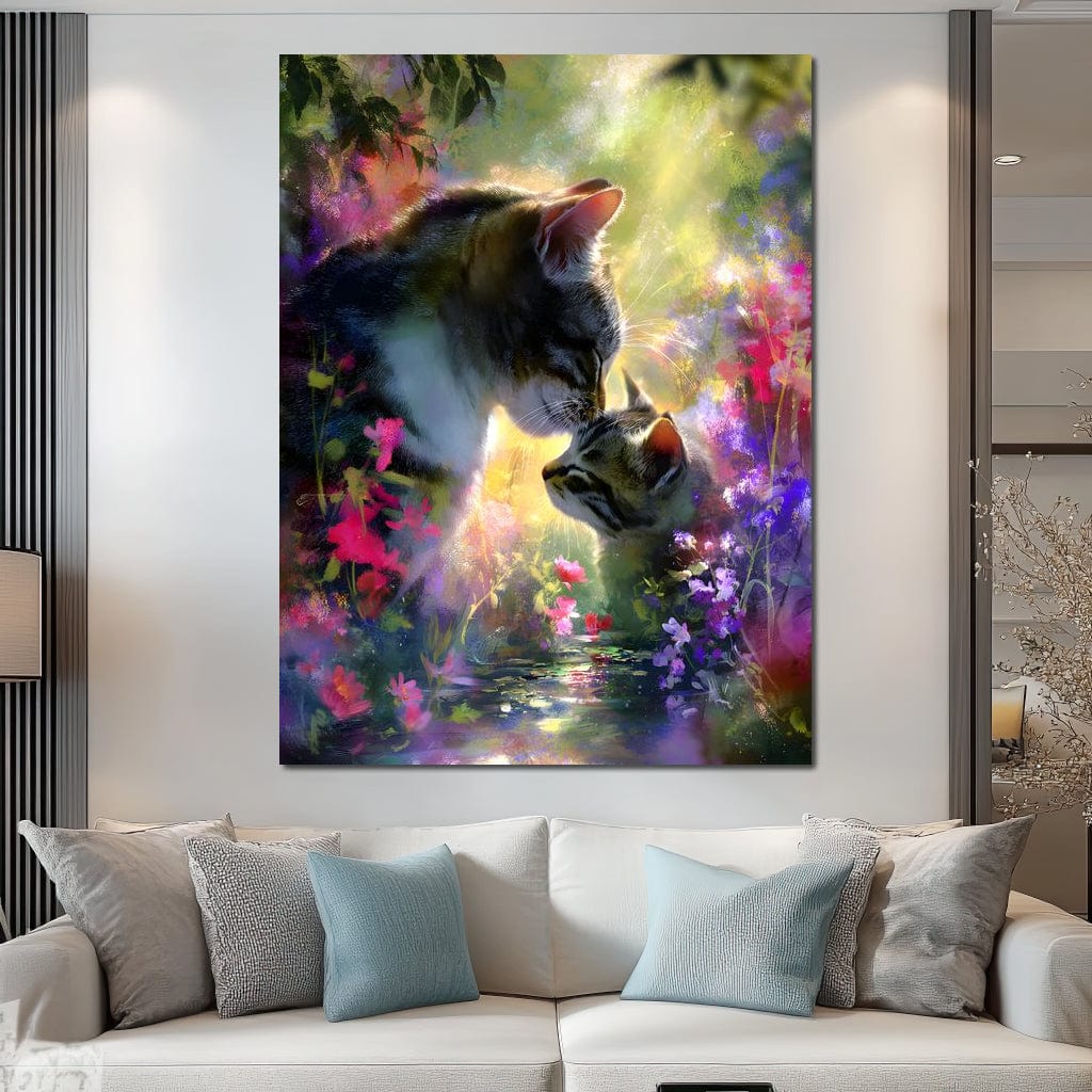 Gentle Cats Nuzzle Floral Dream Canvas Wall Art