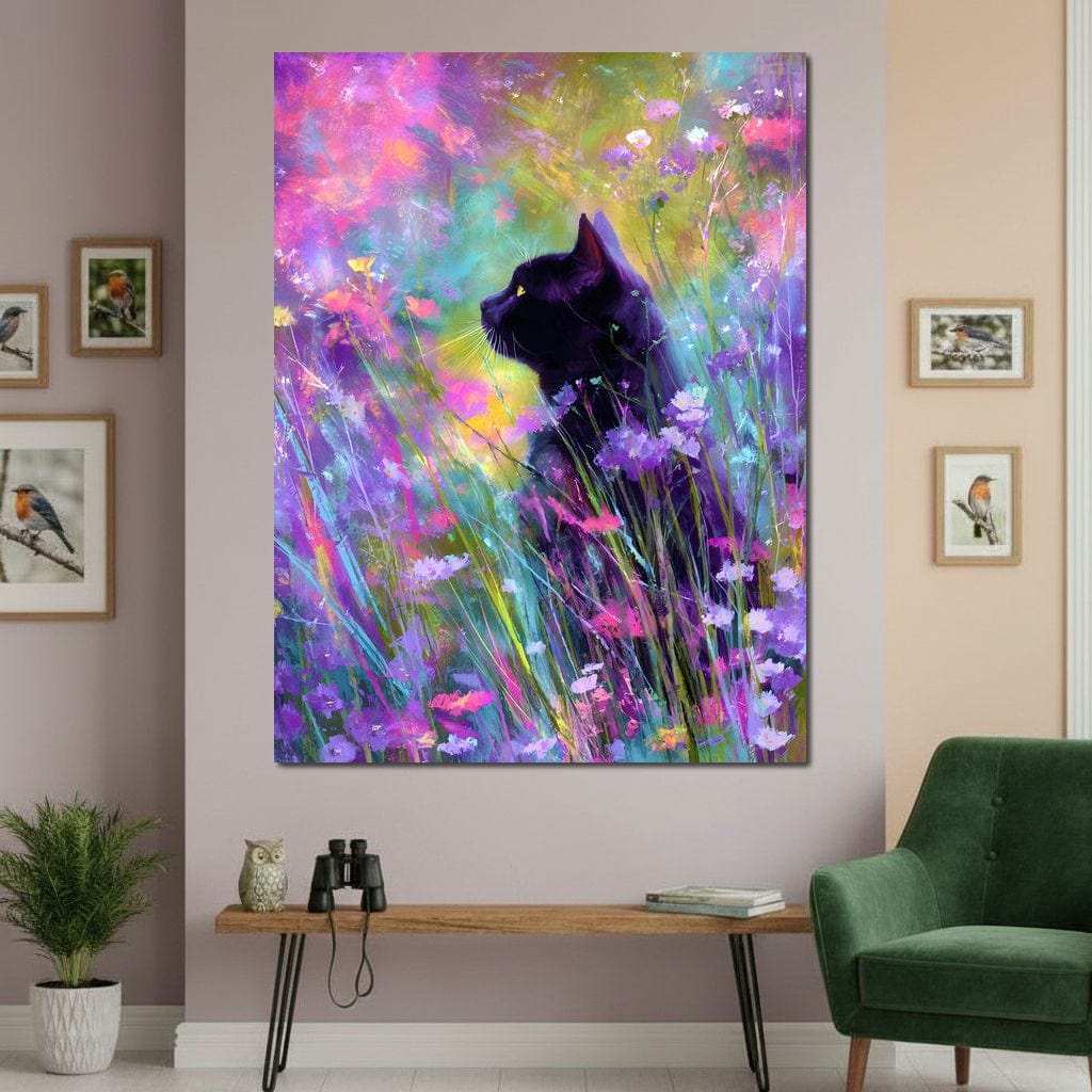 Midnight Feline Among Wildflowers Canvas Wall Art