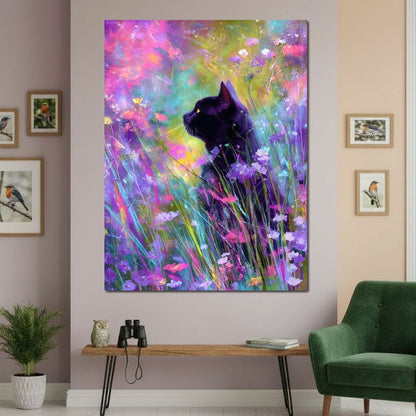 Midnight Feline Among Wildflowers Canvas Wall Art