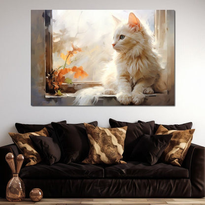 White Cat Sitting on Windowsill Canvas Wall Art