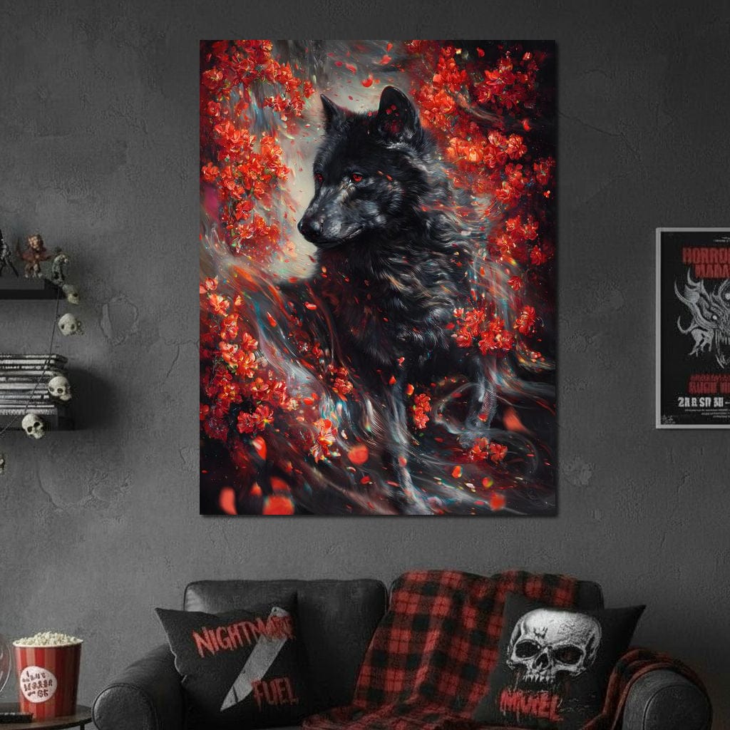 Black Wolf Rose Petal Storm Canvas Wall Art