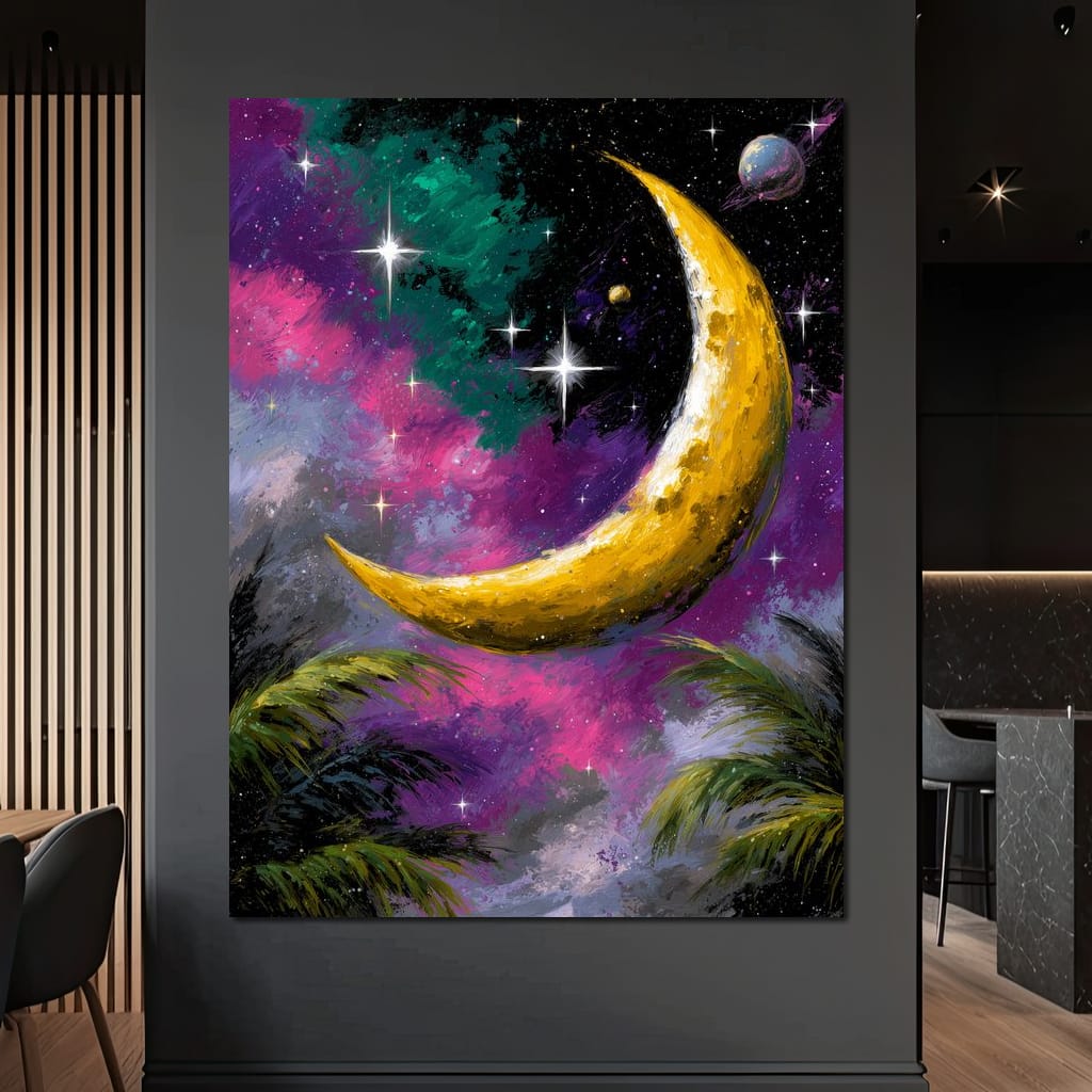 Golden Crescent Cosmic Nightscape Canvas Wall Art