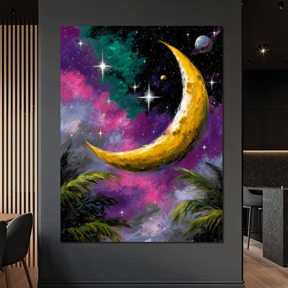 Golden Crescent Cosmic Nightscape Canvas Wall Art