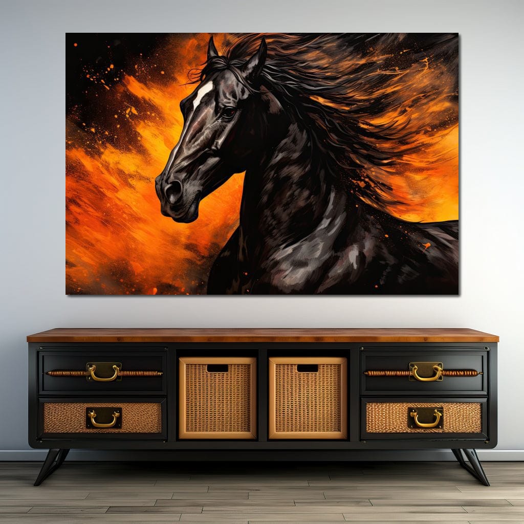 Stallion Amidst Ember Blaze Canvas Wall Art