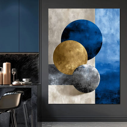 Modern Geometric Blue Gold Orbit Canvas Wall Art