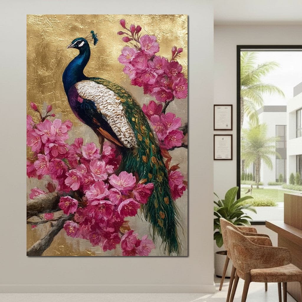 Golden Peacock Cherry Blossom Canvas Wall Art
