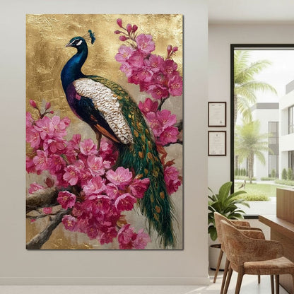 Golden Peacock Cherry Blossom Canvas Wall Art