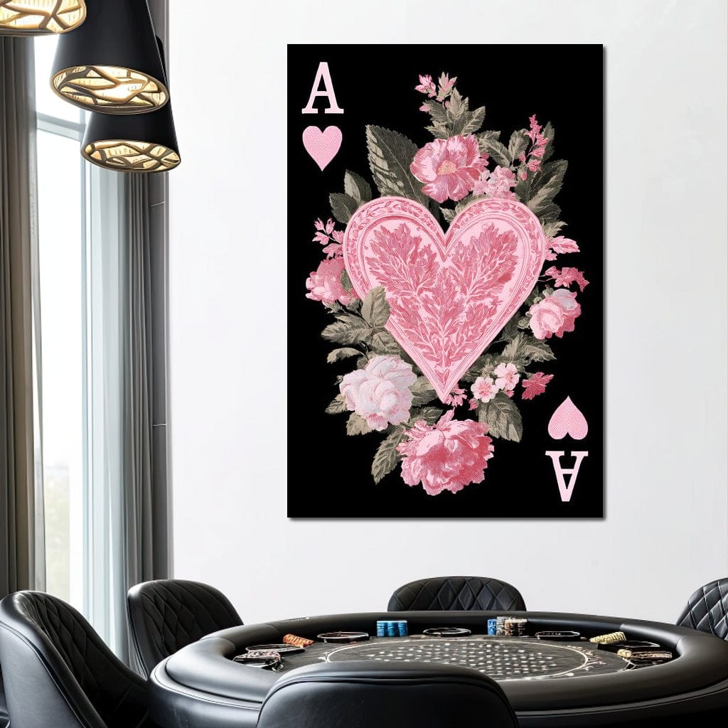Floral Ace of Hearts Pink Rose Canvas Wall Art