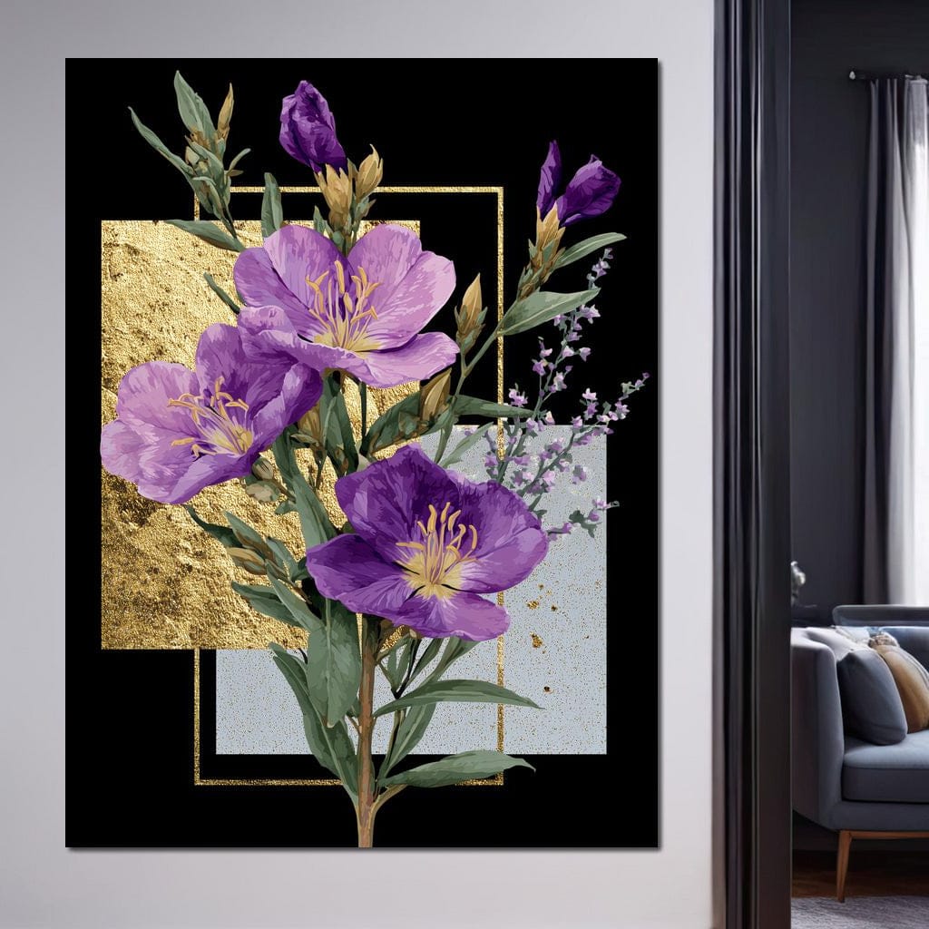Golden Frame Violet Blossoms Canvas Wall Art