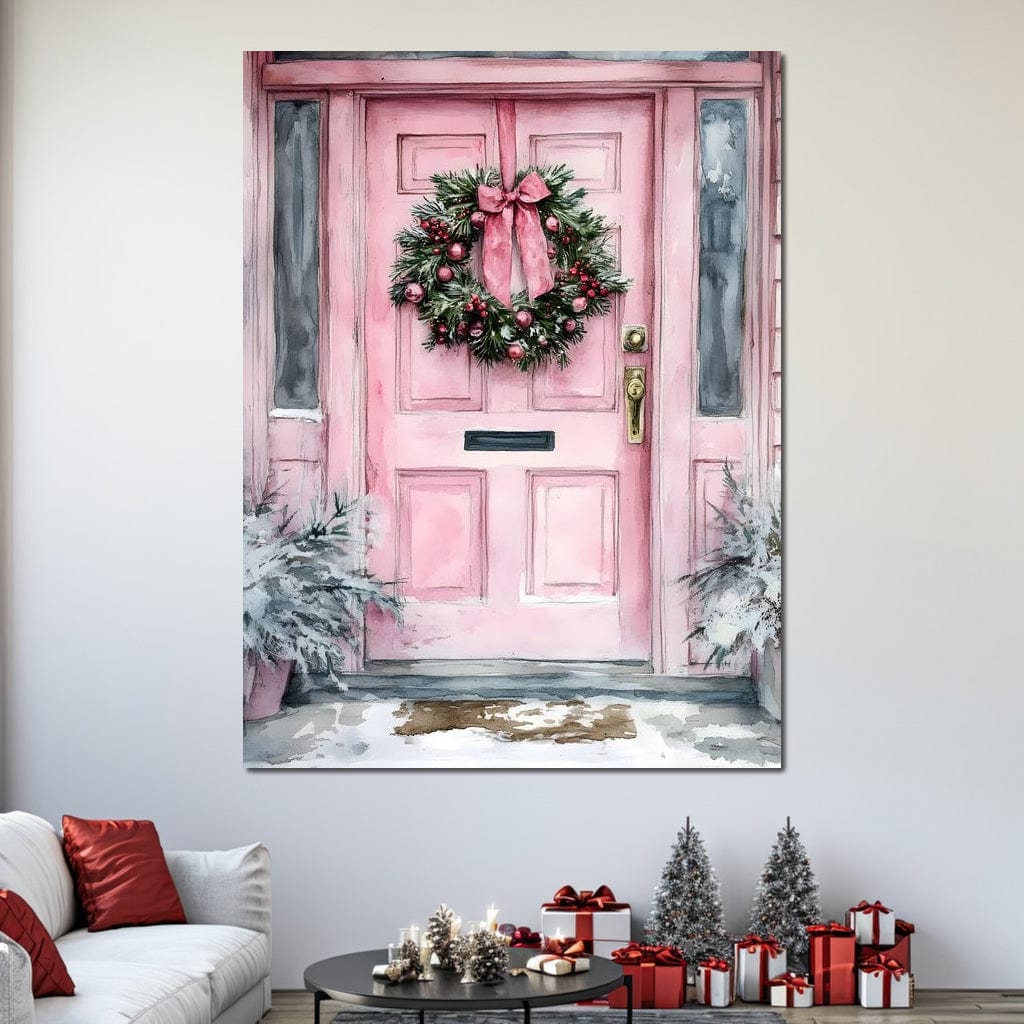 Winter Welcome Pink Door Canvas Wall Art