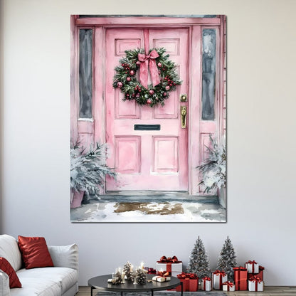 Winter Welcome Pink Door Canvas Wall Art