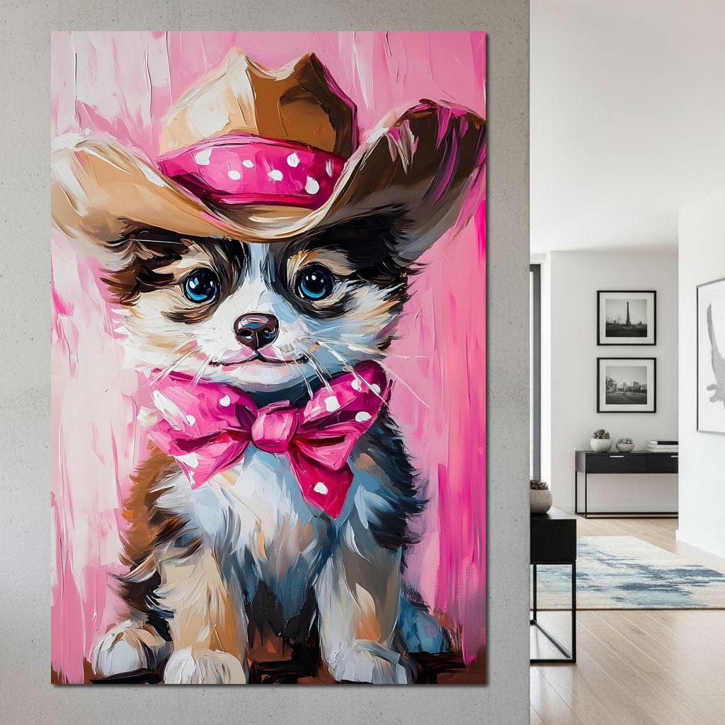 Cute Cowboy Puppy Pink Bow Charm Canvas Wall Art