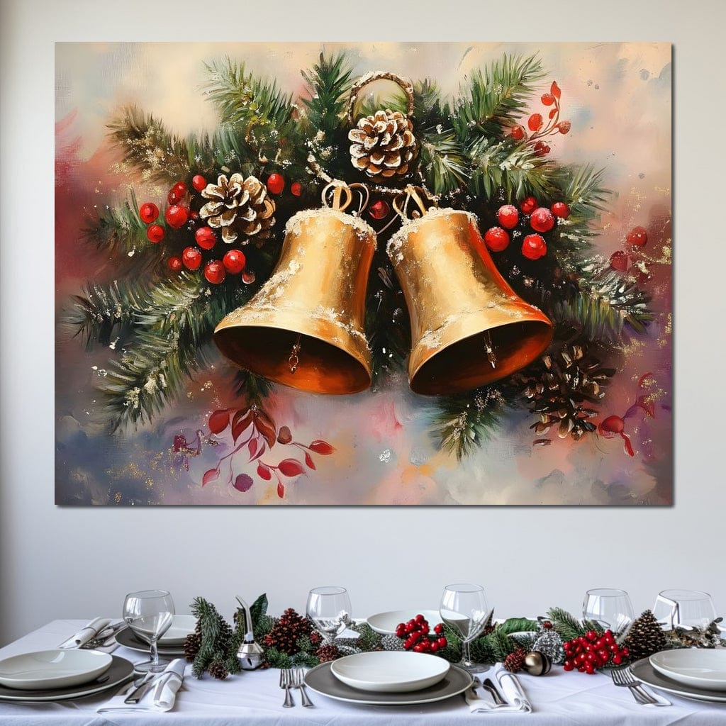 Golden Christmas Bells Garland Canvas Wall Art